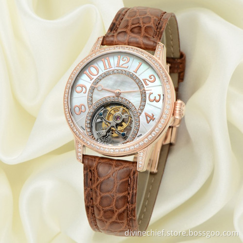 Custom Lady Tourbillon Watch Automatic Movement, Fashion Leather Strap Watch For Girls